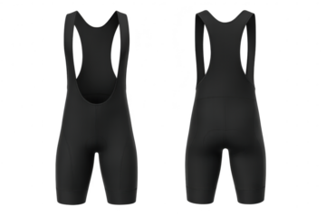 Black cycling bib shorts isolated on transparent background, front and back