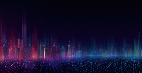 Abstract cityscape with glowing lines forming buildings over a digital, dotted ground