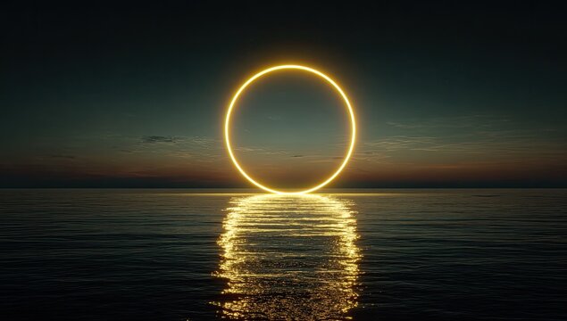 A glowing golden circle floats serenely above calm water at sunset, creating a mystical reflection - Powered by Adobe