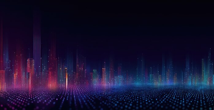 Abstract cityscape with glowing lines forming buildings over a digital, dotted ground