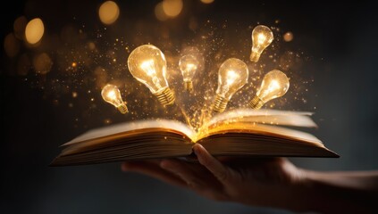 A hand holds an open book, illuminated with floating light bulbs, sparking creativity