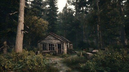 A dilapidated wooden cabin stands nestled within a dense, atmospheric forest setting, enveloped by lush greenery and tall, imposing trees.