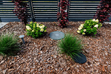 Pine bark lying in the yard in front of the house, visible fence and septic tank.