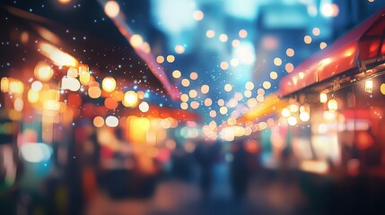 Blurred holiday market scene with lights and decorations