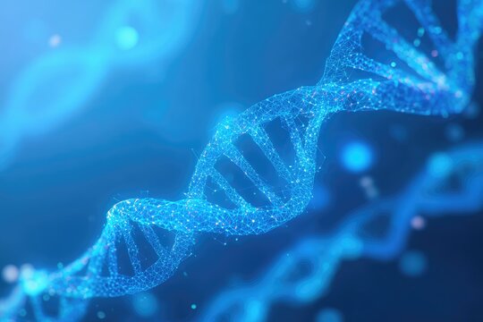A glowing blue illustration of a DNA double helix against a soft, abstract background