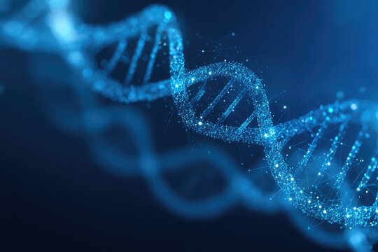 Detailed, glowing representation of a DNA double helix against a dark blue background