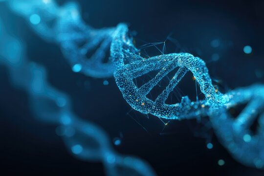 A close-up, digital rendering of a double helix, glowing with dots and interconnected lines