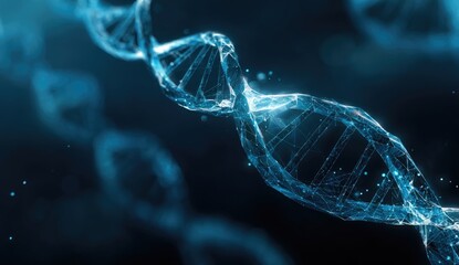 A close-up, computer-generated, glowing blue double helix, against a blurred dark background