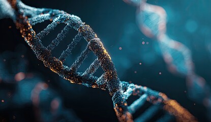 3D render of a glowing DNA double helix against a blurred blue and orange background