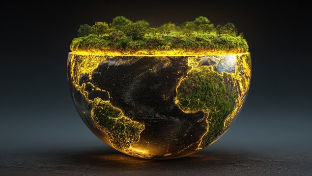 A stylized, glowing Earth cross-section featuring vibrant forests, oceans, and continents, floating