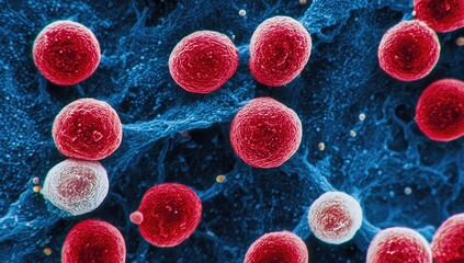Microscopic view of human red blood cells, with a few white blood cells, against a blue backdrop
