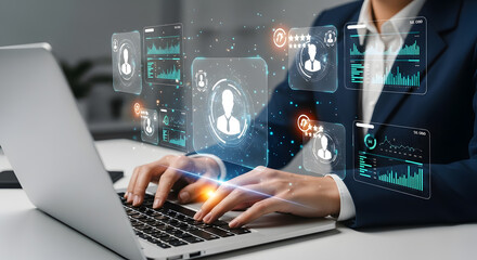Businesswoman working on laptop with digital interface Concept of human resources, data analysis, and technology interaction