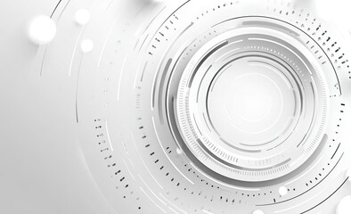 Abstract white and grey radial design with floating orbs and overlapping concentric circles