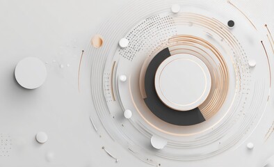 Abstract circular design with concentric rings, white and gold accents, on a white background
