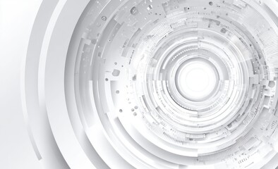 Futuristic, bright, circular abstract design with layers of white and gray concentric shapes