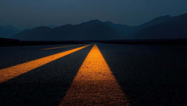 Dark roadway receding into the distance with illuminated lines under an overcast sky