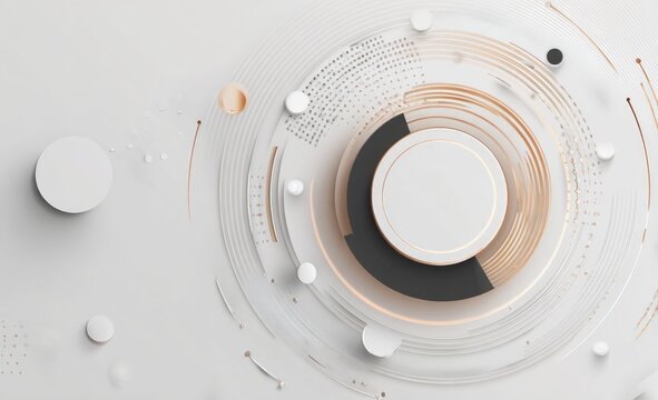 Abstract circular design with concentric rings, white and gold accents, on a white background - Powered by Adobe