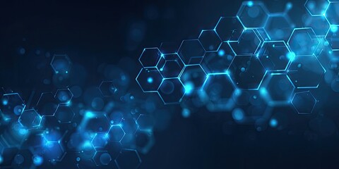 Abstract blue-toned background features glowing geometric hexagons and bokeh, futuristic feel