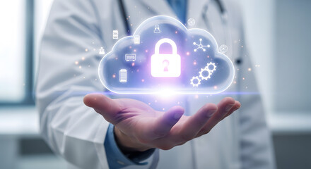 Medical professional presents a secure cloud computing interface, symbolizing the future of healthcare data protection, digital records, and patient privacy