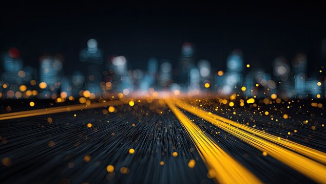 A perspective view capturing vibrant streaks of light leading towards a blurry city skyline