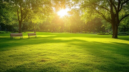 Bright sunny day at a scenic urban park with lush green grass