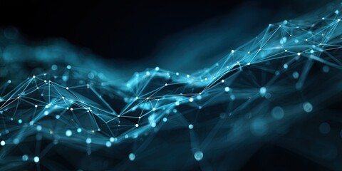 Abstract digital network illustration featuring connected nodes, lines, and glowing bokeh, with a dark background