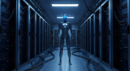Futuristic humanoid robot standing in a dark data center server room with glowing blue lights and organized cables, representing advanced technology and artificial intelligence