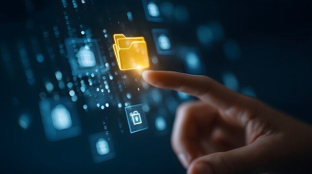 Hand touching digital yellow folder icon for data access, modern cybersecurity and cloud storage interface, futuristic information technology design - Powered by Adobe