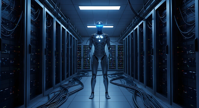 Futuristic humanoid robot standing in a dark data center server room with glowing blue lights and organized cables, representing advanced technology and artificial intelligence
