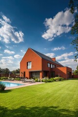 Obraz premium A contemporary red brick house featuring a sparkling swimming pool is situated in a bright, sunny residential neighborhood beneath a clear, blue sky