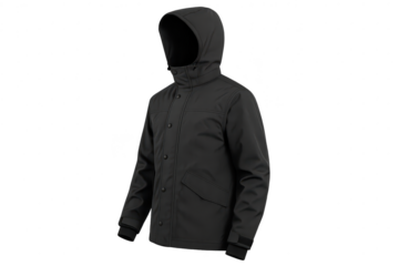 Isolated black hooded jacket on transparent background, stylish garment