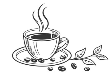 Steaming cup of coffee with beans in a minimalist design