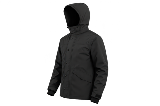Isolated black hooded jacket on transparent background, stylish garment