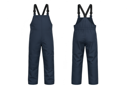 Navy blue waterproof bib overall, front and back views, isolated, transparent