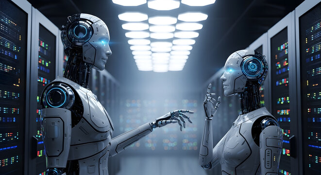 Two advanced humanoid robots with glowing blue eyes interacting inside a futuristic data center server room.