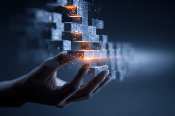 A hand supports a structure made of pixelated blocks, emanating bright orange light