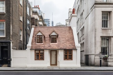 Fototapeta premium A distinctive small house stands proudly by itself on a bustling city street in London, nestled among sleek modern buildings in a vibrant urban environment