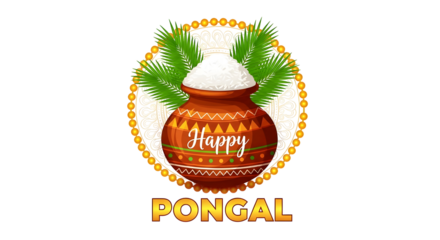 Festive happy pongal celebration design with traditional pot and decorations for cultural events and holiday greetings perfect for banners and cards on transparent background