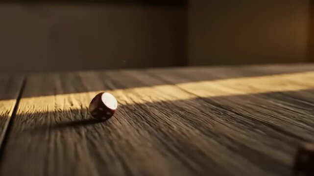 Dice Rolling on Wooden Surface with Sunlight Rays.