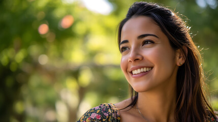 Fototapeta premium Healthy hispanic woman smiling outdoors in park, wellness lifestyle concept 
