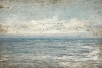 A serene, aged seascape showcasing a misty horizon, subtle waves, and a muted, cloudy sky