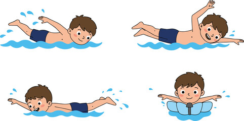 Happy cartoon boy swimming in pool, kids learning to swim, water sport, summer fun, healthy lifestyle, aquatic activity, fitness training