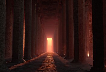 Dark hall with symmetrical columns, leading to a bright opening with an intense, warm glow