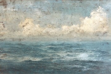 Atmospheric seascape painting depicting a cloudy sky above a gently rolling ocean