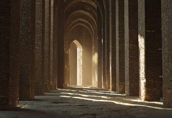 An arched hallway with pillars. Light beams through an opening at the end