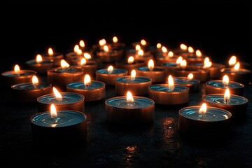 Close-up of many lit tealight candles on a dark, reflective surface, creating warm ambiance