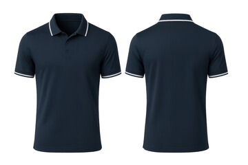 Navy blue polo shirt isolated on transparent background, front and back view