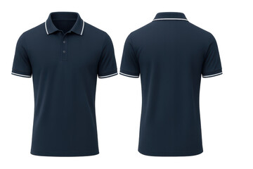 Elegant navy blue polo shirt isolated on transparent background, front and back