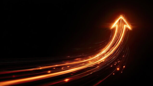 A dynamic, glowing, upward-pointing arrow with light trails against a black background