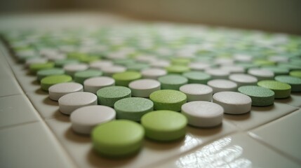 Close up of scattered green and white tablets on a surface